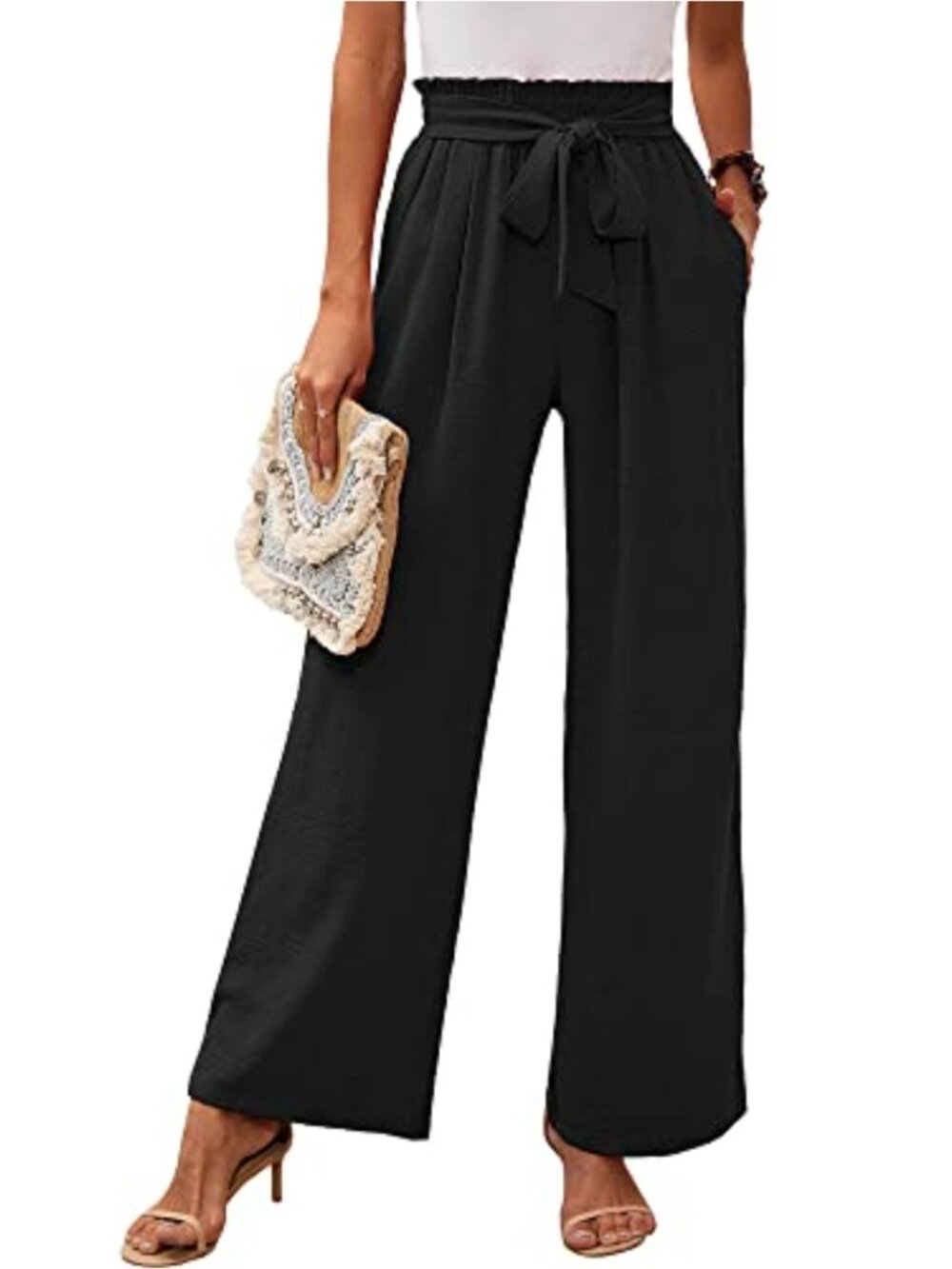 Wide Leg Casual Lounge Pants with Pockets High Waist Tie Knot Lightweight Comfy